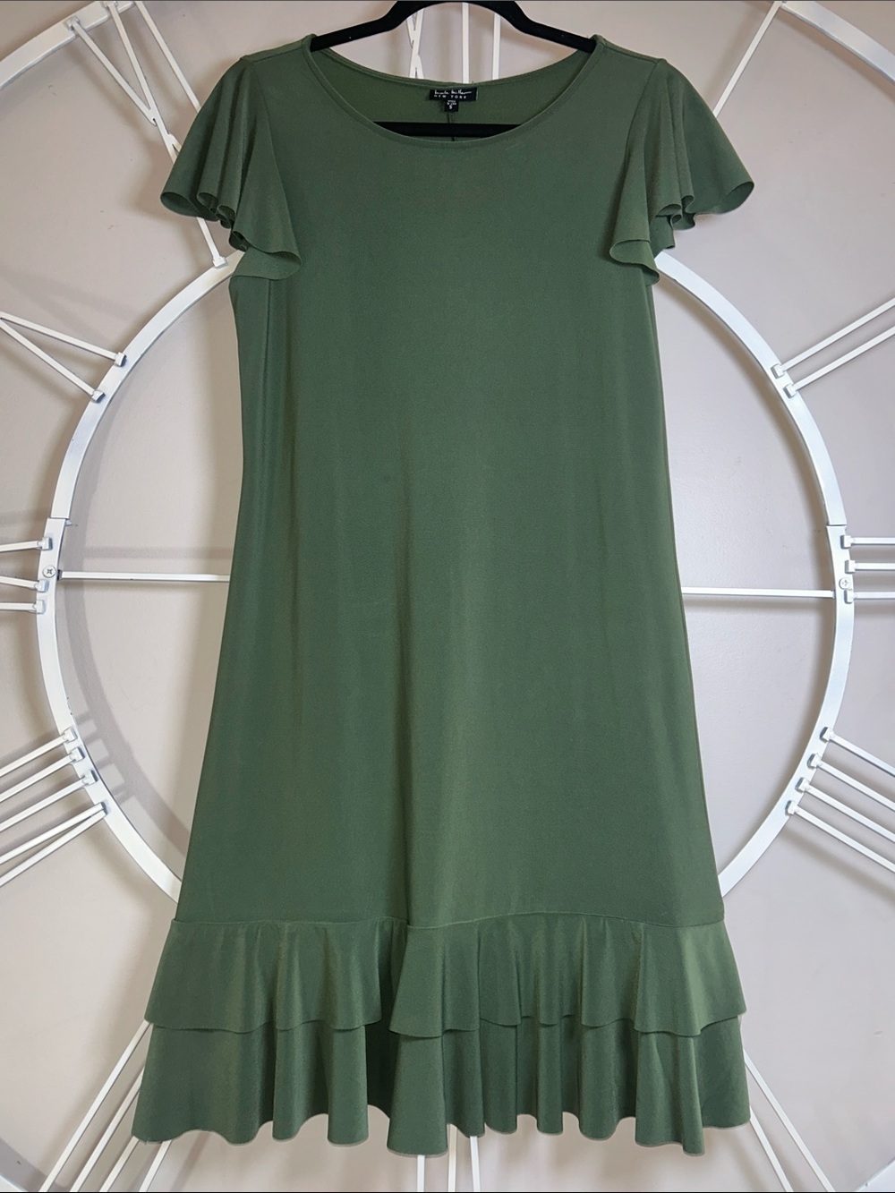Nicole Miller New York Flutter Sleeve Olive Midi Dress with Ruffle Hem